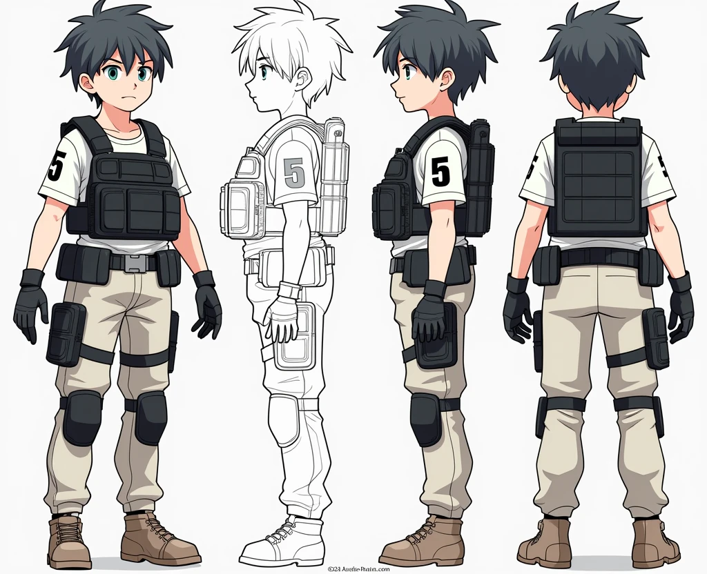 Standing boy, 1 boy, , 4-sided design, Diagonals, front, back, profile, Head to body ratio 5, character sheet, whole body, simple background, Four perspectives, tactical gear, bulletproof vest, Good quality, high detail, bulletproof vest, Good quality, high detail, ultra detailed, masterpiece, best quality, aesthetic, detailed, Military, soldier 