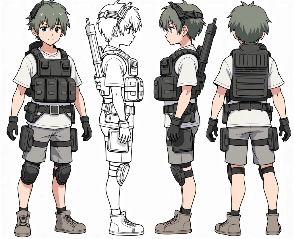 Standing boy, 1 boy, , 4-sided design, Diagonals, front, back, profile, Head to body ratio 5, character sheet, whole body, simple background, Four perspectives, tactical gear, bulletproof vest, Good quality, high detail, bulletproof vest, Good quality, high detail, ultra detailed, masterpiece, best quality, aesthetic, detailed, Military, soldier
