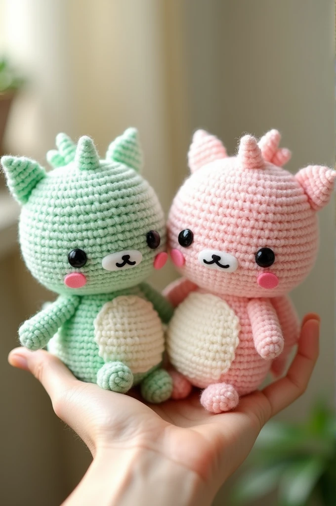 Produk desain,mini plushie, amigurumi , 2 dragons , A chubby dragon with pastel green color, and a chubby dragon  with pastel pink color , brand's eyes are made of black amigurumi eyes, and the nose is black, kawaii design,Head size is larger than body, Product photo with plushie Standing on the wrist 