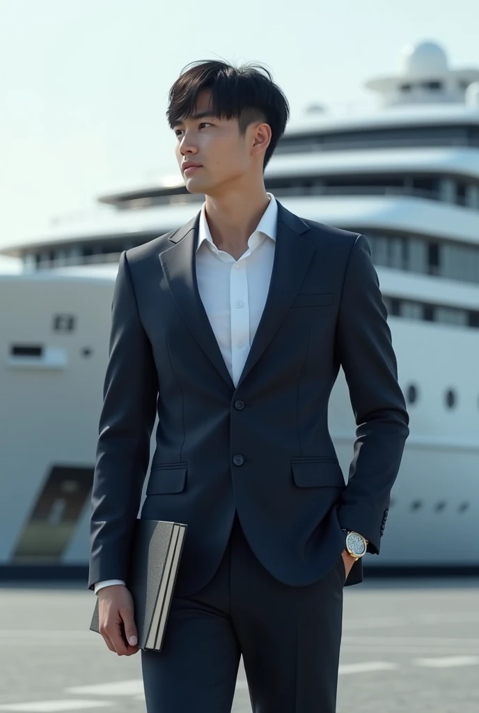 A refreshing and handsome 30-year-old new employee, Japan 30-year-old male, Businessman, super expensive-end suit, Completely naked, Standing outside, whole body, Laptop on right arm, I put the book on my left arm., Large ship background, (CG Unity 8K expensive-definition photo), (expensively detailed S-class handsome man), (Photorealistic), ((Highest quality)), Very detailed, (masterpiece), super expensive quality, expensive, Audience, gentleman, Very beautiful hair, Bangs, Bright photo, Handsome like a model, Handsome as an idol, Luxury Watches, Ultra-realistic,