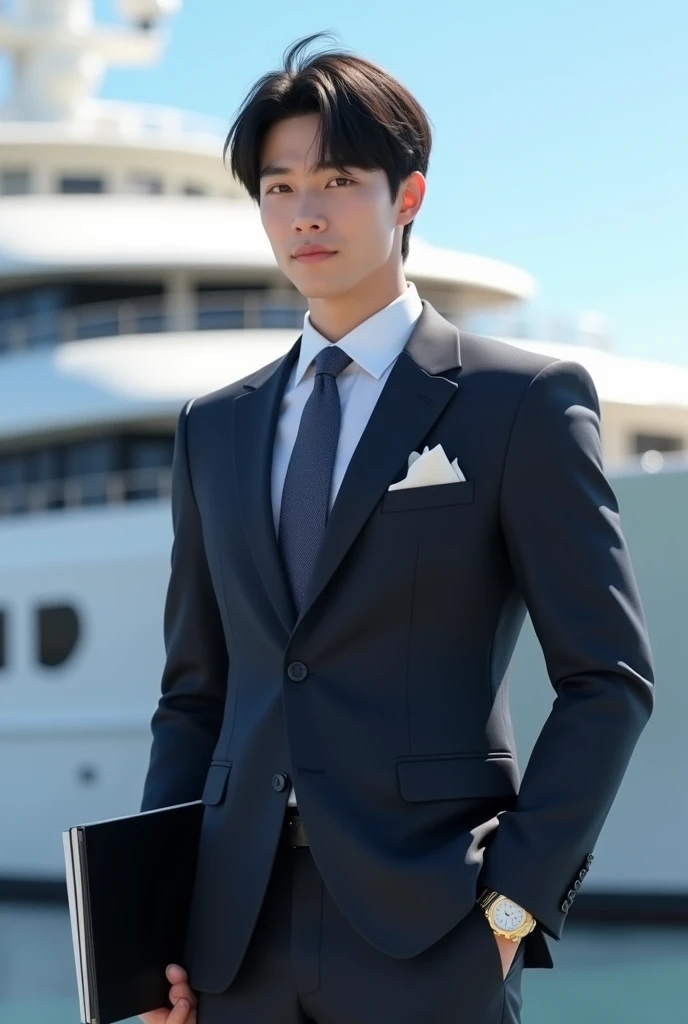 A refreshing and handsome 30-year-old new employee, Japan 30-year-old male, Businessman, super expensive-end suit, Completely naked, Standing outside, whole body, Laptop on right arm, I put the book on my left arm., Large ship background, (CG Unity 8K expensive-definition photo), (expensively detailed S-class handsome man), (Photorealistic), ((Highest quality)), Very detailed, (masterpiece), super expensive quality, expensive, Audience, gentleman, Very beautiful hair, Bangs, Bright photo, Handsome like a model, Handsome as an idol, Luxury Watches, Ultra-realistic,