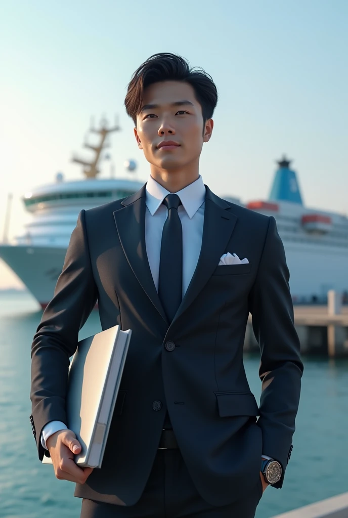 A refreshing and handsome 30-year-old new employee, Japan 30-year-old male, Businessman, super expensive-end suit, Completely naked, Standing outside, whole body, Laptop on right arm, I put the book on my left arm., Large ship background, (CG Unity 8K expensive-definition photo), (expensively detailed S-class handsome man), (Photorealistic), ((Highest quality)), Very detailed, (masterpiece), super expensive quality, expensive, Audience, gentleman, Very beautiful hair, Bangs, Bright photo, Handsome like a model, Handsome as an idol, Luxury Watches, Ultra-realistic,