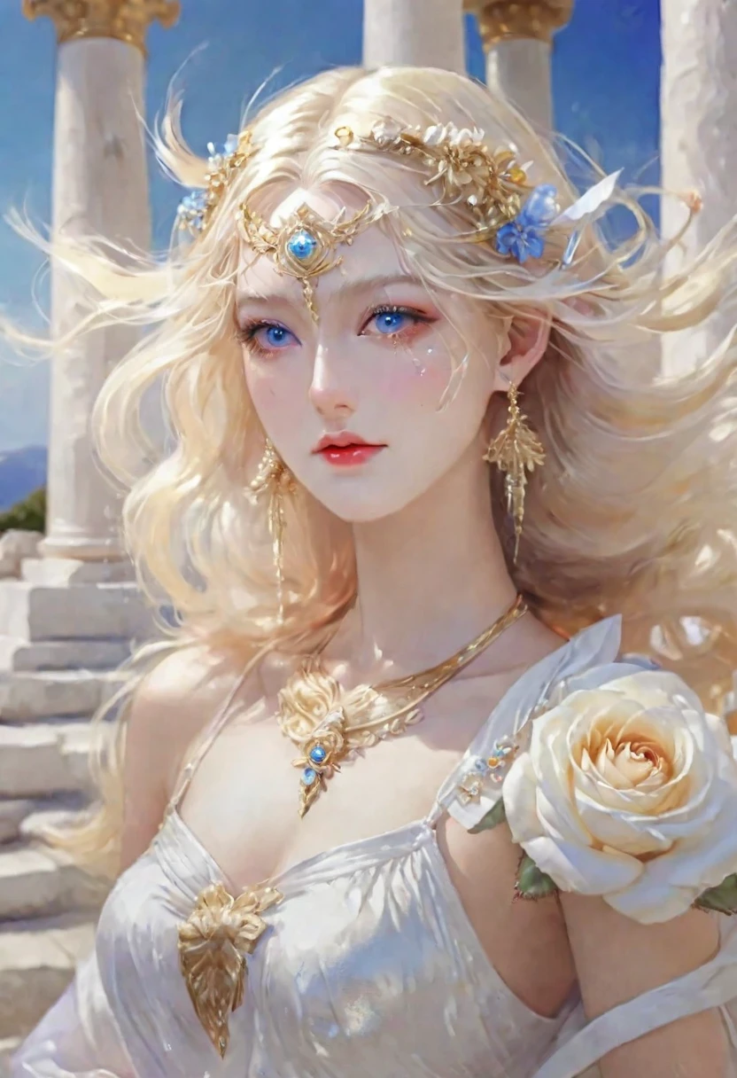 (Highest quality,Very detailed,High resolution,masterpiece,8k),Bright and vibrant colors,Official artwork,Greek white dress,Stylish makeup,Mid length, Shiny blonde hair blowing in the wind,Beautiful long, narrow eyes,Beautiful Blue Eyes,Glossy Lips,Beautiful woman with plump breasts,Beautiful neckline, Beautiful full body style,Holding,A beautiful and elegant smile,Old Greek temple,Rose flower,Detailed CG,