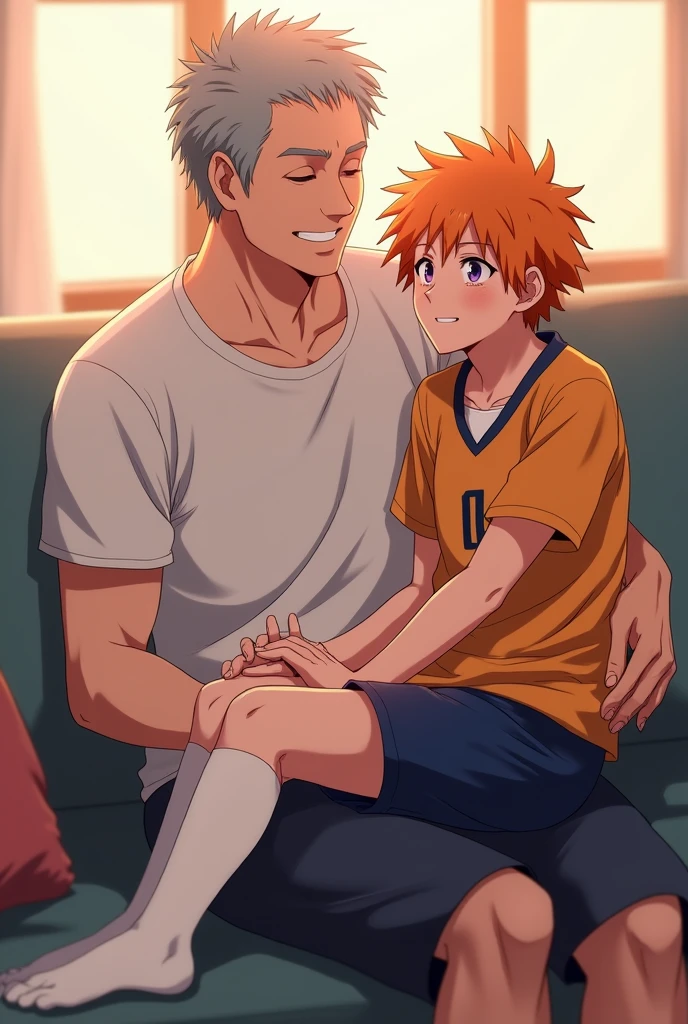 A side view of Kageyama from Haikyuu sitting on a couch, with Shoyo Hinata from Haikyuu resting his feet in Kageyama's lap. Hinata is wearing his Karasuno High School volleyball uniform and white socks that reach his ankles. He is asleep, with a neutral expression on his face. His signature orange hair is slightly tousled. Kageyama, slightly older, gazes down at Hinata with a thoughtful expression. The scene is bathed in soft, warm light, creating a peaceful and intimate atmosphere.  The artwork should be in the style of the Haikyuu anime, with vibrant colors, dynamic lines, and expressive characters. Ensure Hinata's feet are clearly visible and resting in Kageyama's lap.