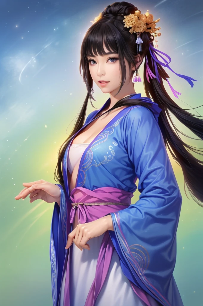 Chinese gardens、Han Dynasty Landscape、Three Kingdoms、(Highest quality,4K,8k,High resolution,masterpiece:1.2)、Very detailed, High resolution,、Hyper HD、Studio Lighting、Ultra-fine painting、 Sharp focus、 Physically Based Rendering、 Very detailed説明、 Professional、 Vibrant colors、Traditional Chinese Painting Techniques、 Atmospheric lighting、 Vivid color contrast、 Ethereal atmosphere、Very detailed目と顔、 Beautiful attention to detail、 Light on the face、Hanfuを着た少女、(Hanfu: 1.1)、、Eyes are green、Slim figure、Small breasts、(((1 girl)))