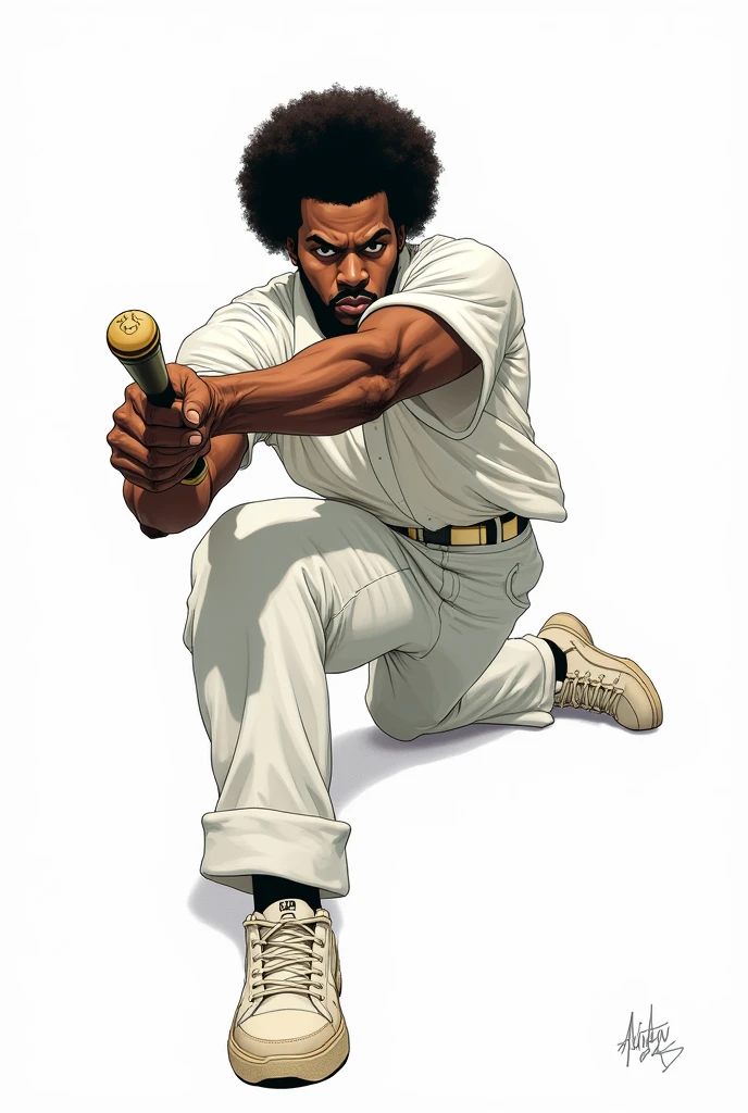 A drawing of a crouching man in white pants and a white shirt, with afro hair and a bat pointing forward like a comic book cover.