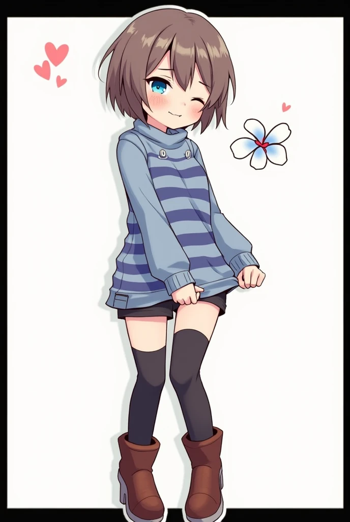 solo, looking at viewer, blush, smile, short hair, bangs, blue eyes, brown hair, shirt, thighhighs, long sleeves, hair between eyes, closed mouth, full body, flower, heart, boots, shorts, striped, artist name, black thighhighs, sweater, turtleneck, brown footwear, border, androgynous, 1other, black border, blue sweater, striped sweater, frisk \(undertale\), Frisk,Undertale, with eyes closed, kamasutra posturas, haciendo caras lascivas, undressing, focus on the ass, exposing her crotch, revealing her vagina