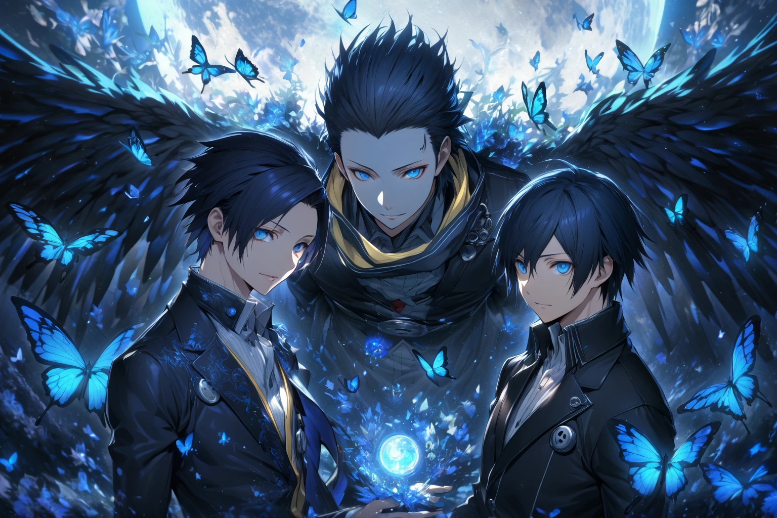 absurdres, highres, ultra detailed, HDR, masterpiece, extremely detailed face and eyes, perfect face, Mochizuki Ryouji, black hair, hair slicked back, expressive blue eyes, Persona 3, Yuki Makoto, dark blue hair, expressive blue eyes, two men together, handsome, mature man, adult face, white shirt, yellow scarf, black jacket, blue moon, blue butterflies, magical, fantasy, glittering, blue dust, black angel wings