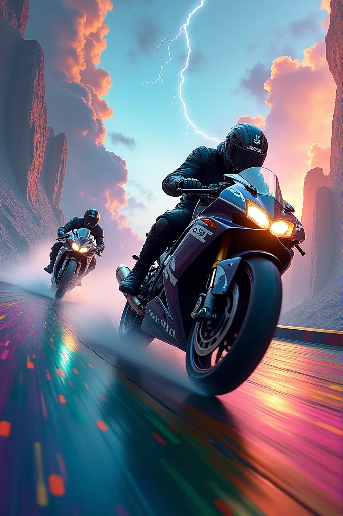 Motorcyclists racing through the rainbow between clouds and lightning
