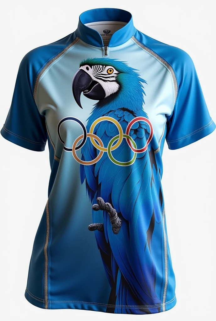 Create a half-sleeved interclass blouse front and back featuring a blue macaw ,the Olympic rings and silver details 
