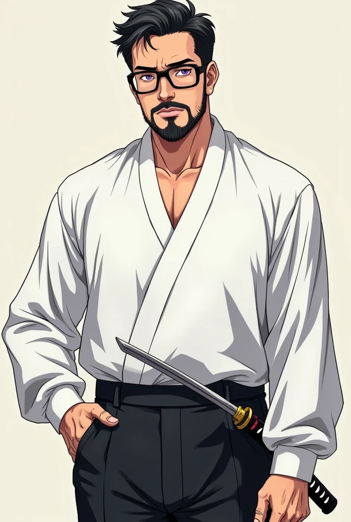 Japanese anime style, a middle-aged Japanese man with a strong stature, having a short beard and black lens glasses, purple eyes and black hair having a gentle expression and serene look, has clothes black pants and white dress shirt, carries a red katana at his waist