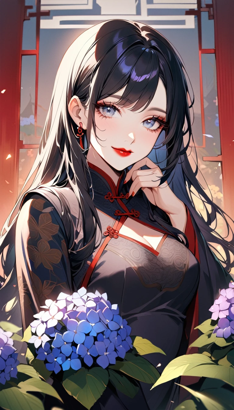 1woman, solo, black hair, middle part, long hair, gray eyes, detailed eyes, eyelashes, red lips, smile, 25years old, hydrangea, wear Chinese dress