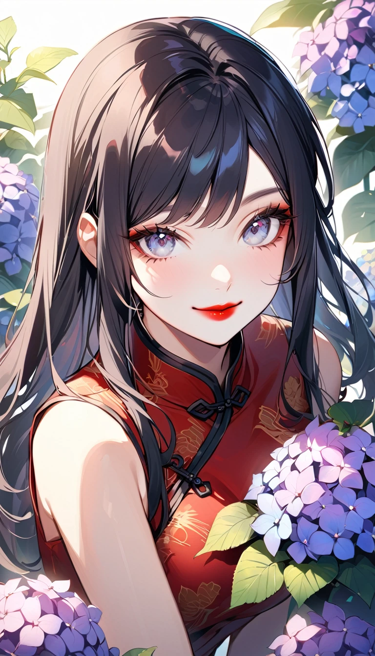 1woman, solo, black hair, middle part, long hair, gray eyes, detailed eyes, eyelashes, red lips, smile, 25years old, hydrangea, wear Chinese dress