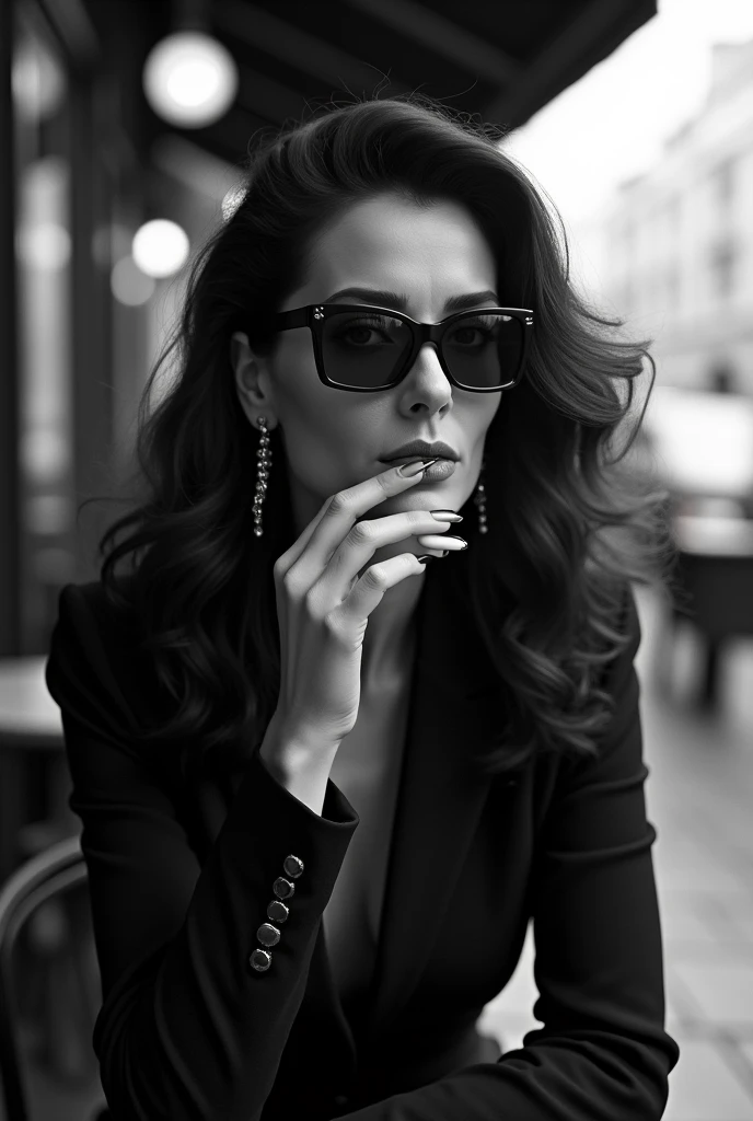 An elegant woman of high society, 40 year old , dark haired, Chanel sunglasses, sitting at a cafe table, in paris, smoking elegantly. Analog photography, black andwhite, in the style of Helmut Newton.