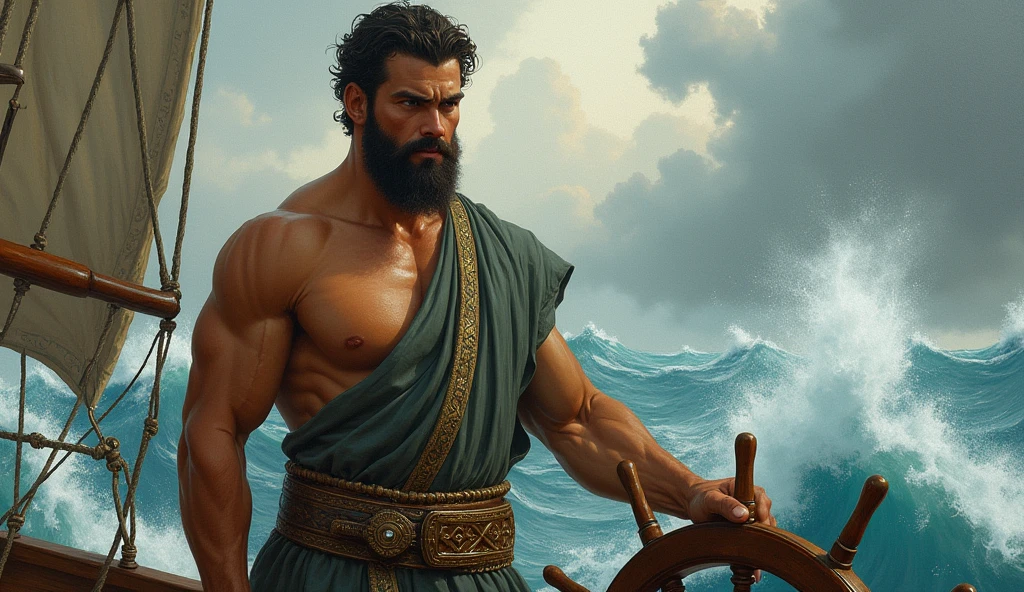 A male Stoic philosopher, around 2, with a well-proportioned and attractive physique, slightly tanned skin, and a short, well-trimmed beard, is depicted as a ship captain in the midst of a furious storm. He wears classic tunics in soft earthy tones—gray and olive green—with subtle gold or copper details, gently draping over his body, with one shoulder exposed. His gaze is intense and seductive, filled with determination as he grips the ship’s wheel. The scene is painted in an impressionist style, with dramatic brushstrokes capturing the storm’s chaotic energy, highlighting the contrasts of light and shadow, and emphasizing the philosopher’s struggle against the raging elements.