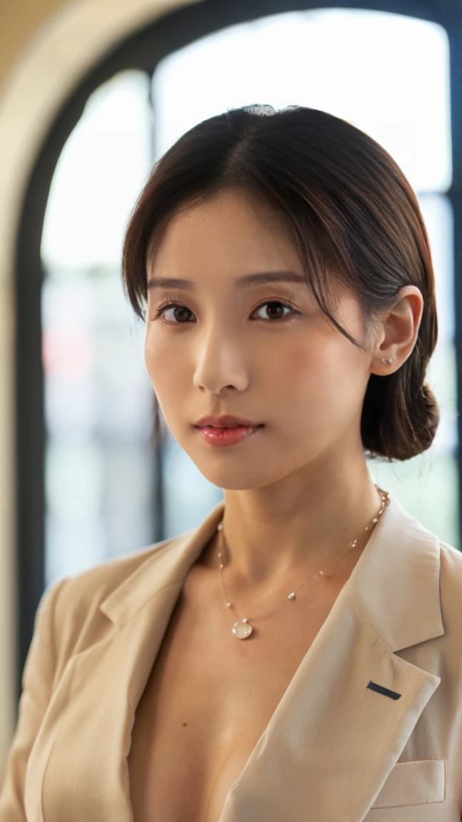 (top-quality, 16K, masterpiece:1.3), (ultra detailed), (masterpiece), (best quality), Highest quality, Realistic, surreal, Highest quality, Extremely detailed CG, Very delicate, 16K wallpaper, High resolution, A female manager working for a top company, 3, ((Light makeup:1.5)), ((There is a mole on the face that is considered seductive:1.1)), ((UNTITLED business suits:1.2)), ((A very simple necklace)), Japanese office with large windows, ((arched back:1.5)), Japanese, slender body, ((middle breast:1.5)), very detailed, detailed fingers, detailed hands, detailed eyes, detailed legs, accurate and perfect human anatomy, real human skin, BREAK ((upper body:1.5)), ((look into the viewer's eyes:1.5)), ((looking at viewer:1.5)), ((Front view:1.5)), ((from front:1.5)),
