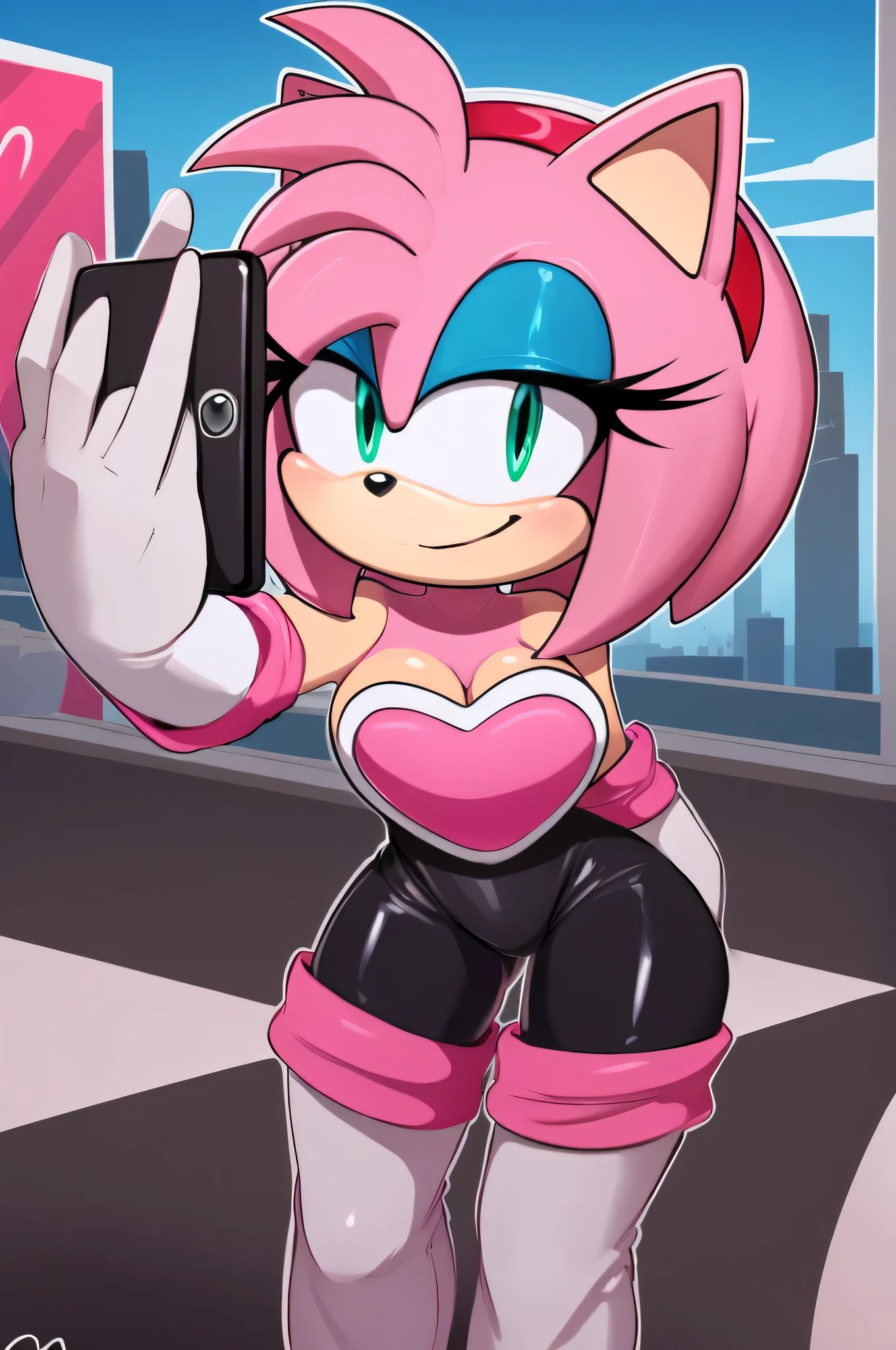 score_9, score_8_up, 2D, flat color, looking at viewer, (1girl), (solo), very detailed, extremely detailed, Amy Rose from the sonic the hedgehog series, portrait, smile, looking at viewers, hair down, hair bangs, large bust, milf, Rouge cosplay, cosplay, Rouge outfit, she wears a black skin-tight and strapless low-cut jumpsuit, a pink heart-shaped chest plate outlined with thin white trim, elbow-length white gloves with pink cuffs, standing at the city taking a selfie