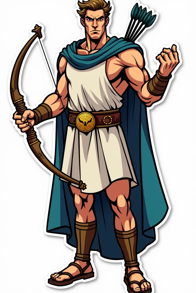 Apollo the god of sun wearing an armour and holding a bow and arrow and a lyre. Make him facing in front and his face a little fierce. No background, with bold outline, and sticker style. Make it just a half body. Make him holding the bow in his right hand, the lyre in his left hand, and the arrows at his back. Make the details a little simpler. Make him look like more "godlike" and wearing a cape.
