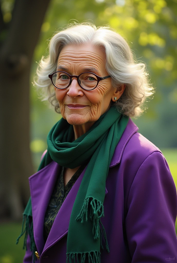 masterpiece, best quality, an old woman with glasses and a scarf on, wearing a purple coat and green scarf, standing at the park
