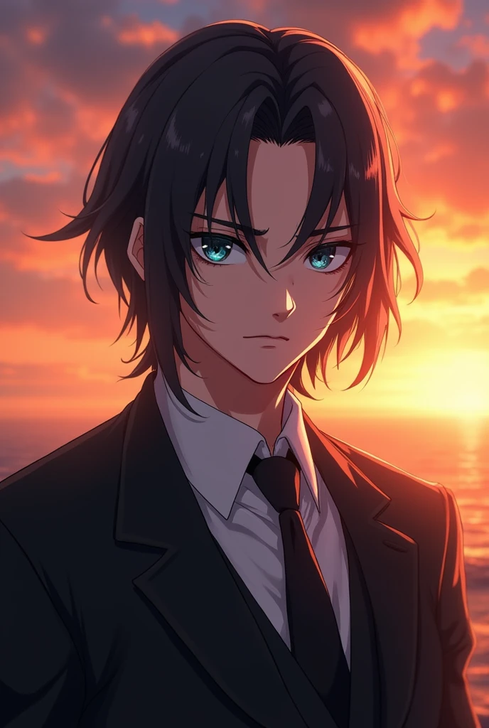 anime character, masculine, 1.87 height, dull crystal blue eye color, cold expression, wearing a suit and looking forward, very realistic, Medium long, slicked back dark honey colored hair, background behind him a beautiful sunset, Her features should be a little feminine