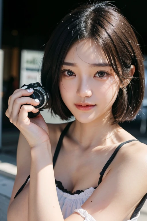 (2 Japanese girl,), (Small breasts:1.5,),(solo,Textured skin, Detailed skin,Detailed face,Detailed eyes,detailed posing,Natural eyebrows,Perfect limbs,High detail, Highest quality, Super detailed, Surrealism, ,8k,RAW Photos,Photographicism,Professional Lighting,Portrait Photography,),((Black Hair, Dark Eyes,Natural Makeup,Simple earrings,Bob Hair,happiness/joy)),(((shopping,Camera shop,Looking for a camera)))