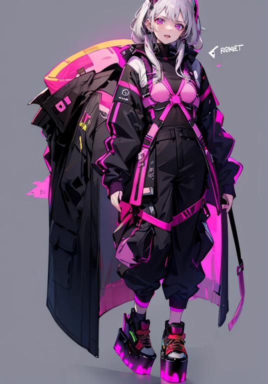(cyber punk),Adult female, alone, smile, Open your mouth a little, (Long Hair), Purple eyes, Pink Eyes, ((Body Harness)),Blouson jacket,cargo pants,Oversized outerwear,Platform sneakers,Setting diagram, (Simple white background),((whole body)),((full body))