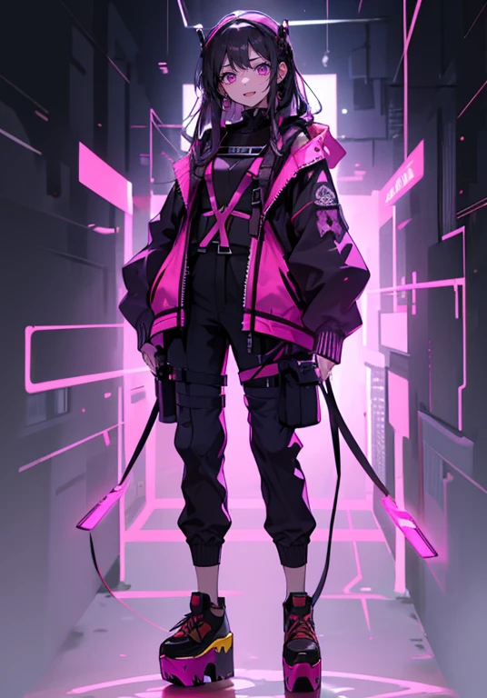 (cyber punk),Adult female, alone, smile, Open your mouth a little, (Long Hair), Purple eyes, Pink Eyes, ((Body Harness)),Blouson jacket,cargo pants,Oversized outerwear,Platform sneakers,Setting diagram, (Simple white background),((whole body)),((full body))