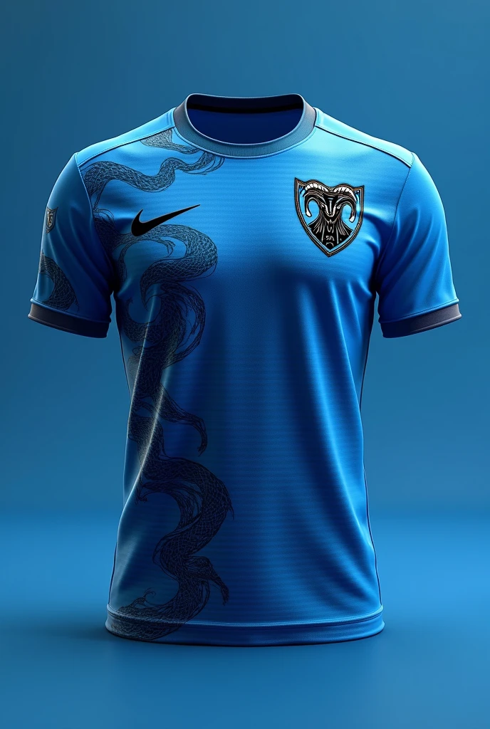 A very nice blue football shirt with a black goat shield in the top right corner, the shirt has to have stripes that look like a snake with little opacity