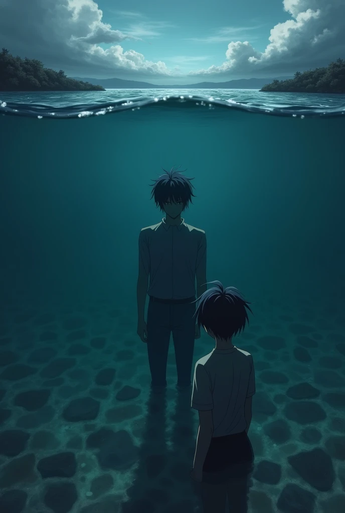 The image is anime style cowboy bebop and Darker than black with shadows and dim lights, anime style although somewhat adult and dark, It shows a desolate sea landscape with crystal-clear water and a transparent and very sparse ocean floor., the bottom of that ocean, It is less than a meter deep, In the background, from the ocean, There is a 2 man, black hair and black eyes, awake, looking up with his hand raised.