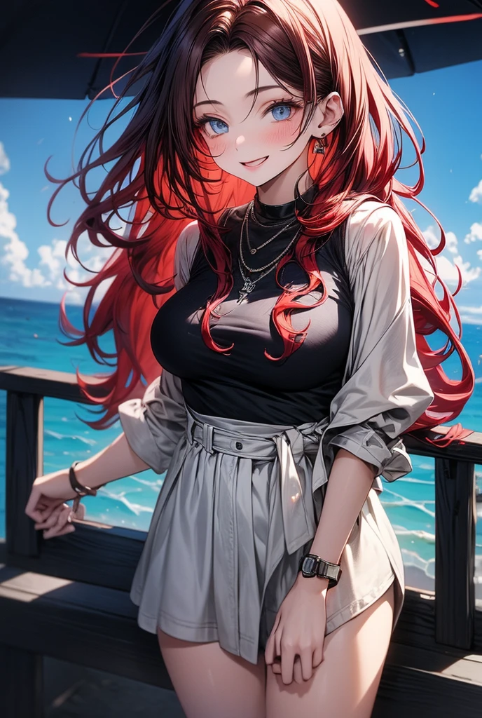 Mulher, seios grandes, ruiva, olhos azuis, transparent sweater, queixo pequeno