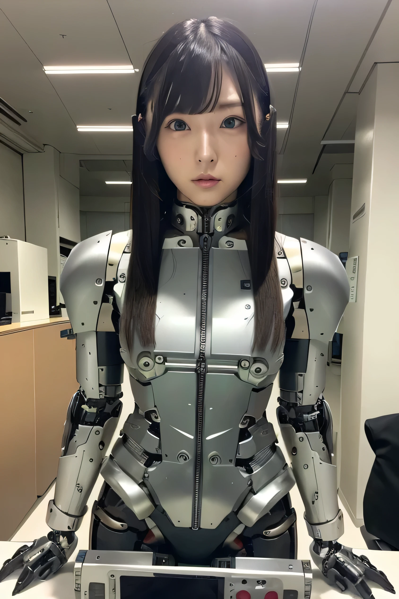 masterpiece, best quality, extremely detailed,  Japaese android girl,Plump , control panels,android,Droid,Mechanical Hand, Robot arms and legs, Black Robot Parts,Black hair,Mechanical body,Blunt bangs,White robotics parts,perfect robot girl,future information counter,reception,long tube,thick cable connected her neck,ceramic body ,mechanical body,mechanical costume,android,robot,humanoid,cyborg,information office,japanese android receptionist ,mechanical chest,blue eyes,office-lady