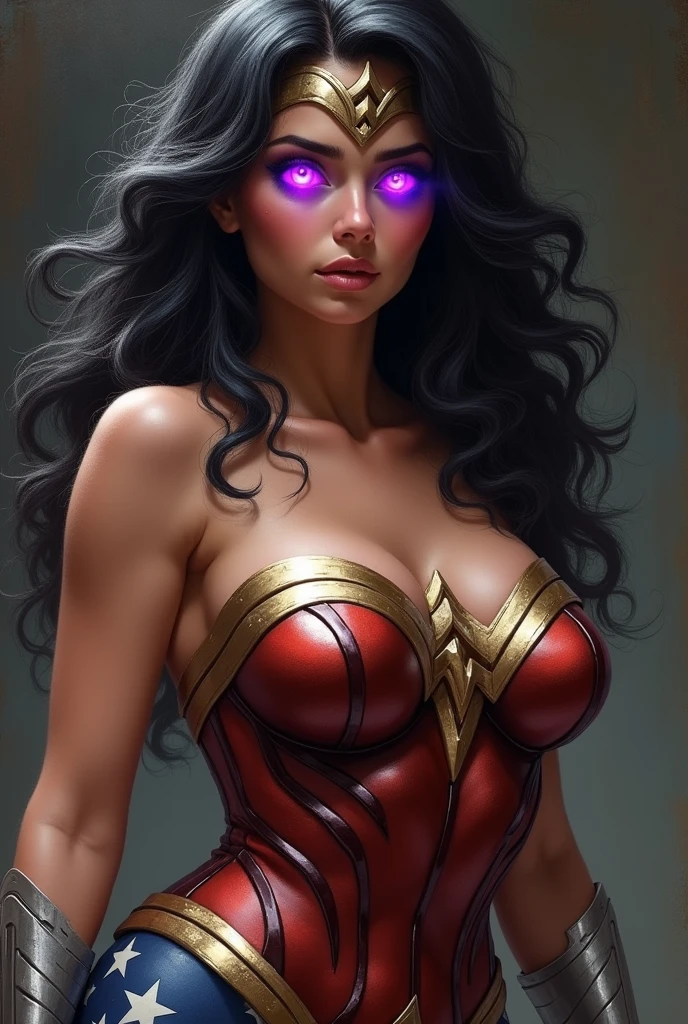 Wonder Woman sexy naked with a really big tit and big hips and mesmerizing eyes with purple swirls inside black stripes in the eyes