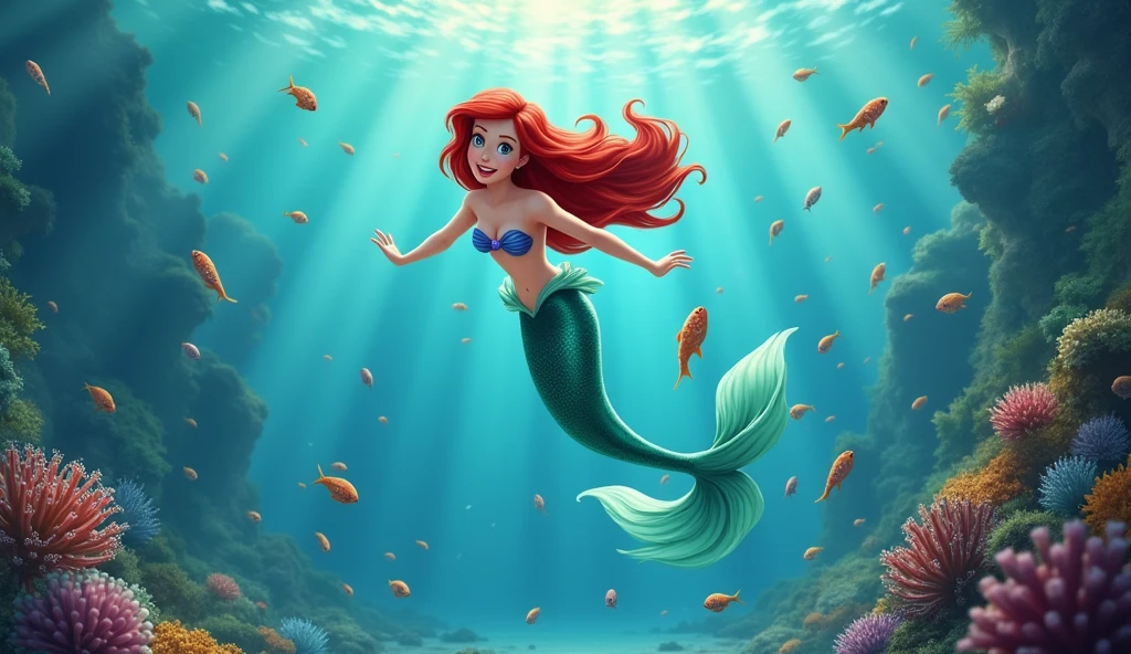 Ariel swimming with the fish to the surface