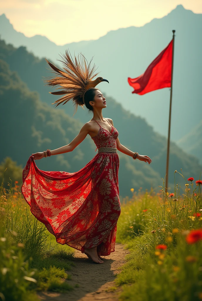 Photoshot of a beautiful woman in a red and white Dayak dress wearing a mah kota bird dancing in a green meadow with a beautiful mountain view and a red and white flag.