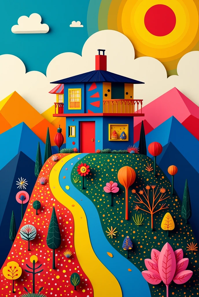 Create an image of the type of works of Romero Britto square with a house on the mountain 