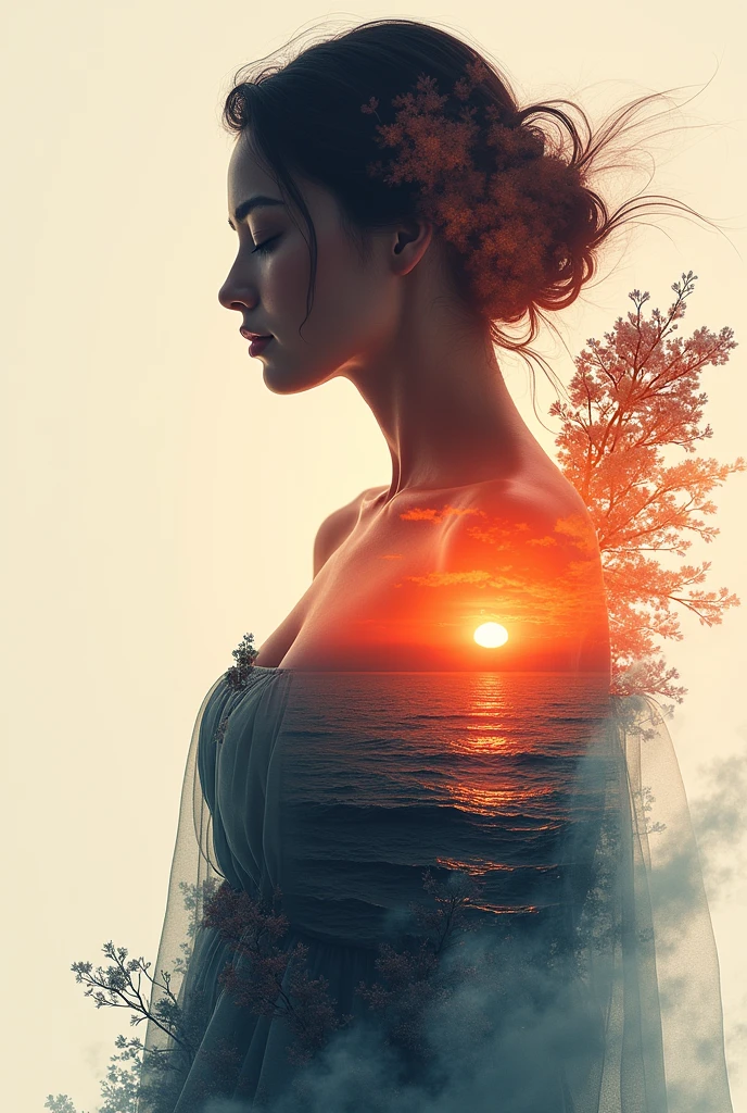 high quality, 8K Ultra HD, A beautiful double exposure that combines an goddess silhouette with sunset coast, sunset coast should serve as the underlying backdrop, with its details incorporated into the goddess , crisp lines, The background is monochrome, sharp focus, double exposure, by yukisakura, awesome full color, nude