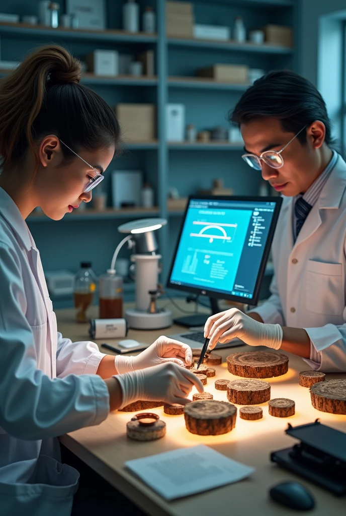 Archaeology lab with scientists working on wood samples, with graphs and carbon analysis data on a computer in the background. The wood is being carefully examined."