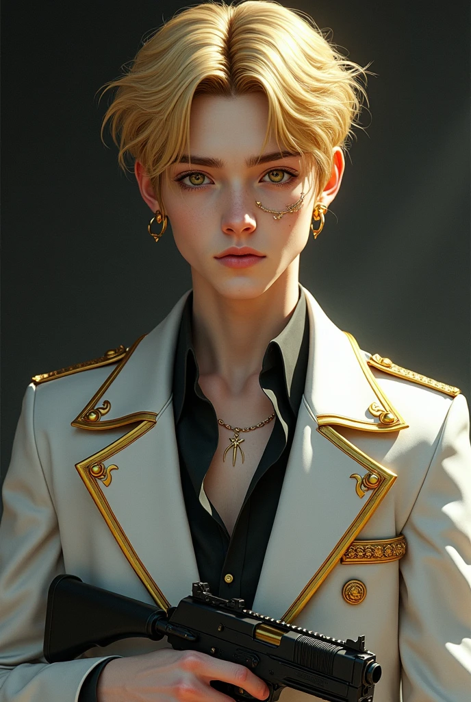 a blond boy,with a white coat with gold details and a gold eyebrow piercing,a black pistol with gold details on the waist,and a look as cold as steel,firm as a rock,the bright golden eyes)