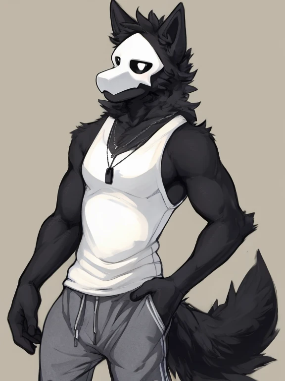 by zackary911, Puro, Puro (Changed), anthropomorphic, lean, slim, muscular, fit body, biceps, adult, tall, mature, anthro, fluffy tail, wolf tail, wolf ears, full body portrait, fully body in frame, black body, lean, anime, sfw, (gray sweatpants, white tanktop, dogtags), (happy expression, happy eyes)