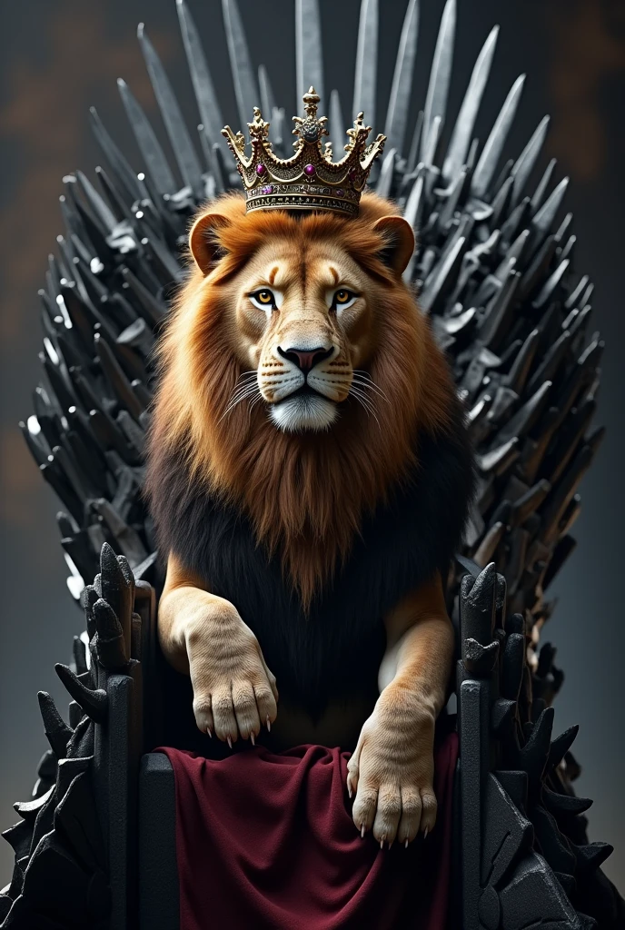 Lion with crown sitting on the iron throne in the game off throne universe 
