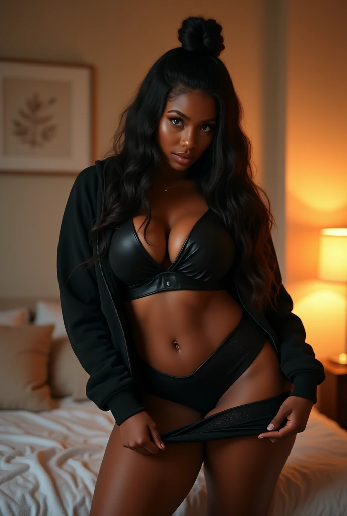 A beautiful black woman with long hair in a bun, wearing a black hoodie, bending over and pulling up her black leather short shorts up her legs, in her bedroom putting on her clothes, (best quality,4k,8k,highres,masterpiece:1.2),ultra-detailed,(realistic,photorealistic,photo-realistic:1.37),HDR,UHD,studio lighting,ultra-fine painting,sharp focus,physically-based rendering,extreme detail description,professional,vivid colors,bokeh,portrait