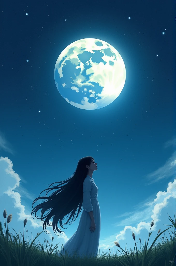 A young woman with long black hair looking away from the sky towards a sky full of stars and a large moon