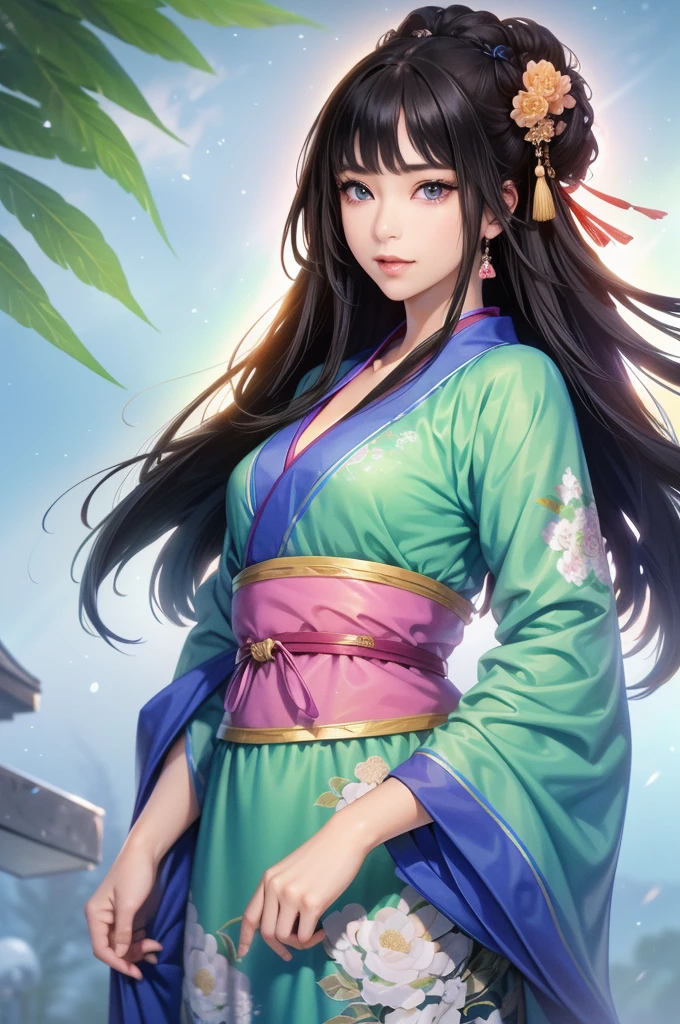 Chinese gardens、Han Dynasty Landscape、Three Kingdoms、(Highest quality,4K,8k,High resolution,masterpiece:1.2)、Very detailed, High resolution,、Hyper HD、Studio Lighting、Ultra-fine painting、 Sharp focus、 Physically Based Rendering、 Very detailed説明、 Professional、 Vibrant colors、Traditional Chinese Painting Techniques、 Atmospheric lighting、 Vivid color contrast、 Ethereal atmosphere、Very detailed目と顔、 Beautiful attention to detail、 Light on the face、Hanfuを着た少女、(Hanfu: 1.1)、、Eyes are green、Slim figure、Small breasts、(((1 girl)))