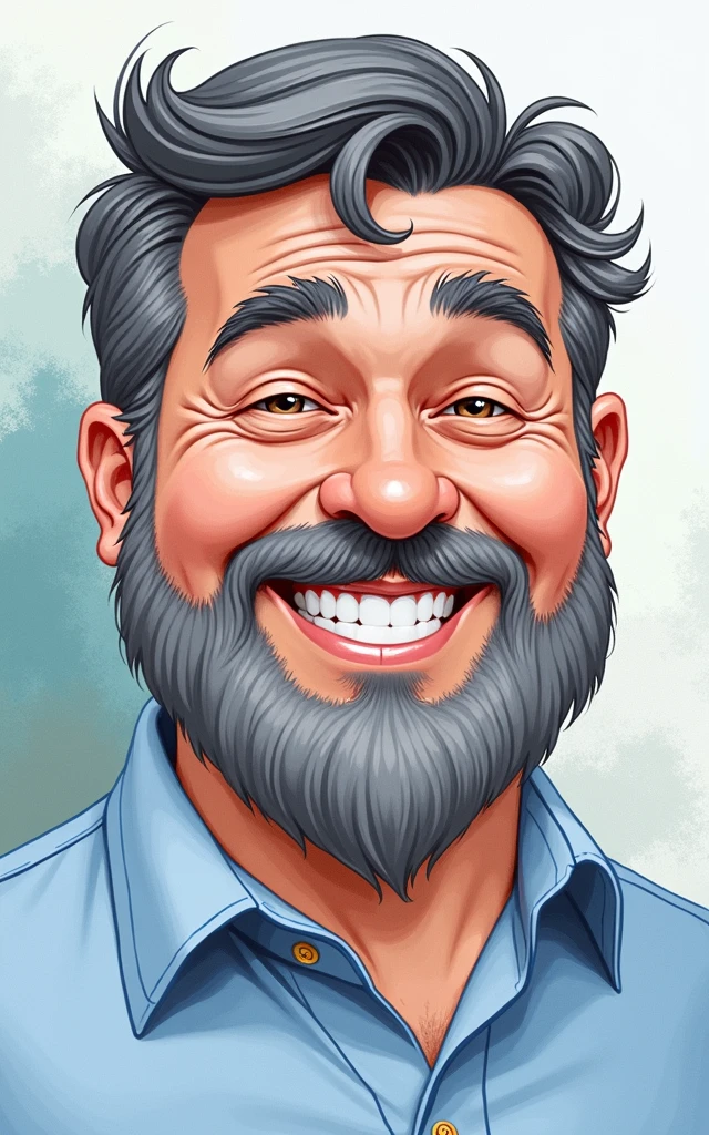Cartoon character of a bearded, slightly chubby Caucasian man in a blue shirt, smiling, with gray beard strands and slightly closed eyes when smiling