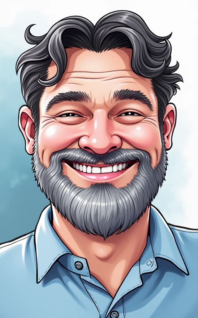 Cartoon character of a bearded, slightly chubby Caucasian man in a blue shirt, smiling, with gray beard strands and slightly closed eyes when smiling