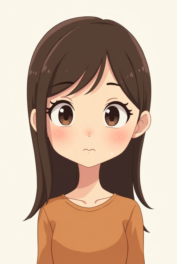 animated front woman with brown hair and small eyes with white background passport photo style without smiling 