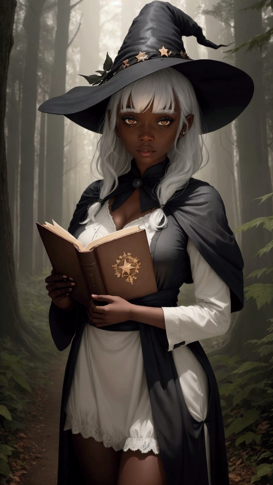 Make a girl with black skin and freckles that look like stars, she has white hair and bangs, she is in the forest, she is dressed as witch, Holding a book, high resolution,breastsout,Preciso,