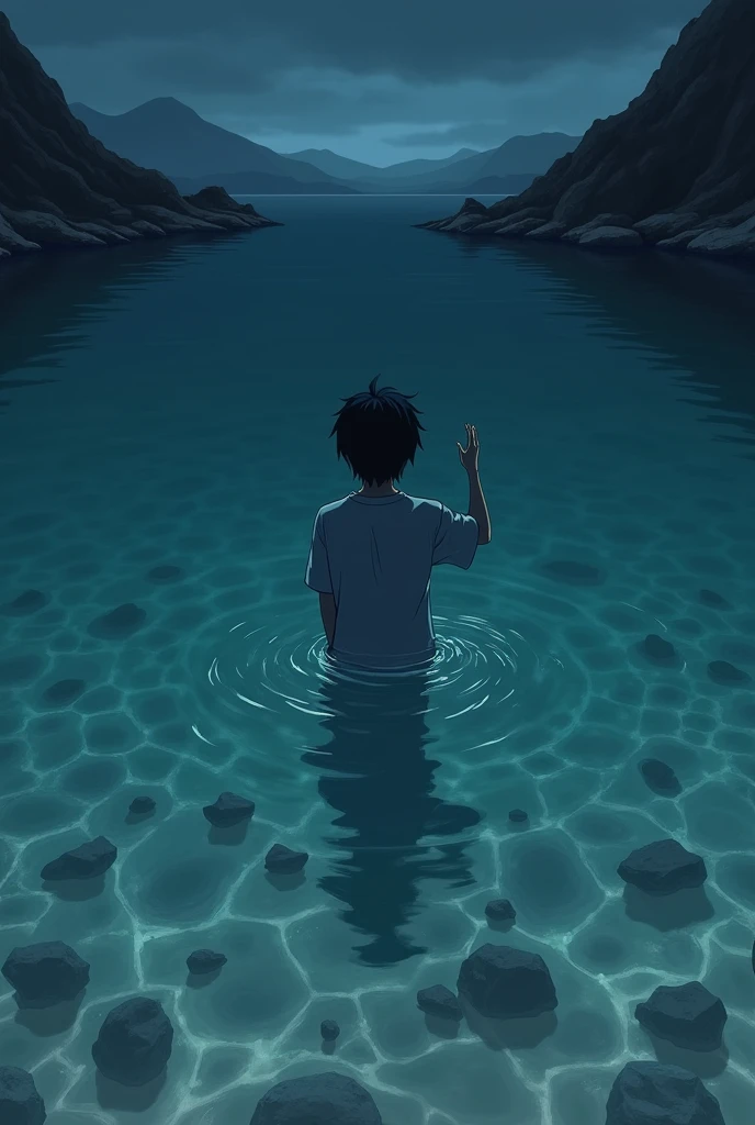 The image is anime style cowboy bebop and Darker than black with shadows and dim lights, anime style although somewhat adult and dark, It shows a desolate sea landscape with crystal-clear water and a transparent and very sparse ocean floor., the bottom of that ocean, It is less than a meter deep, In the background, from the ocean, There is only one 2 man thrown out, black hair and black eyes, awake, looking up with his hand raised.