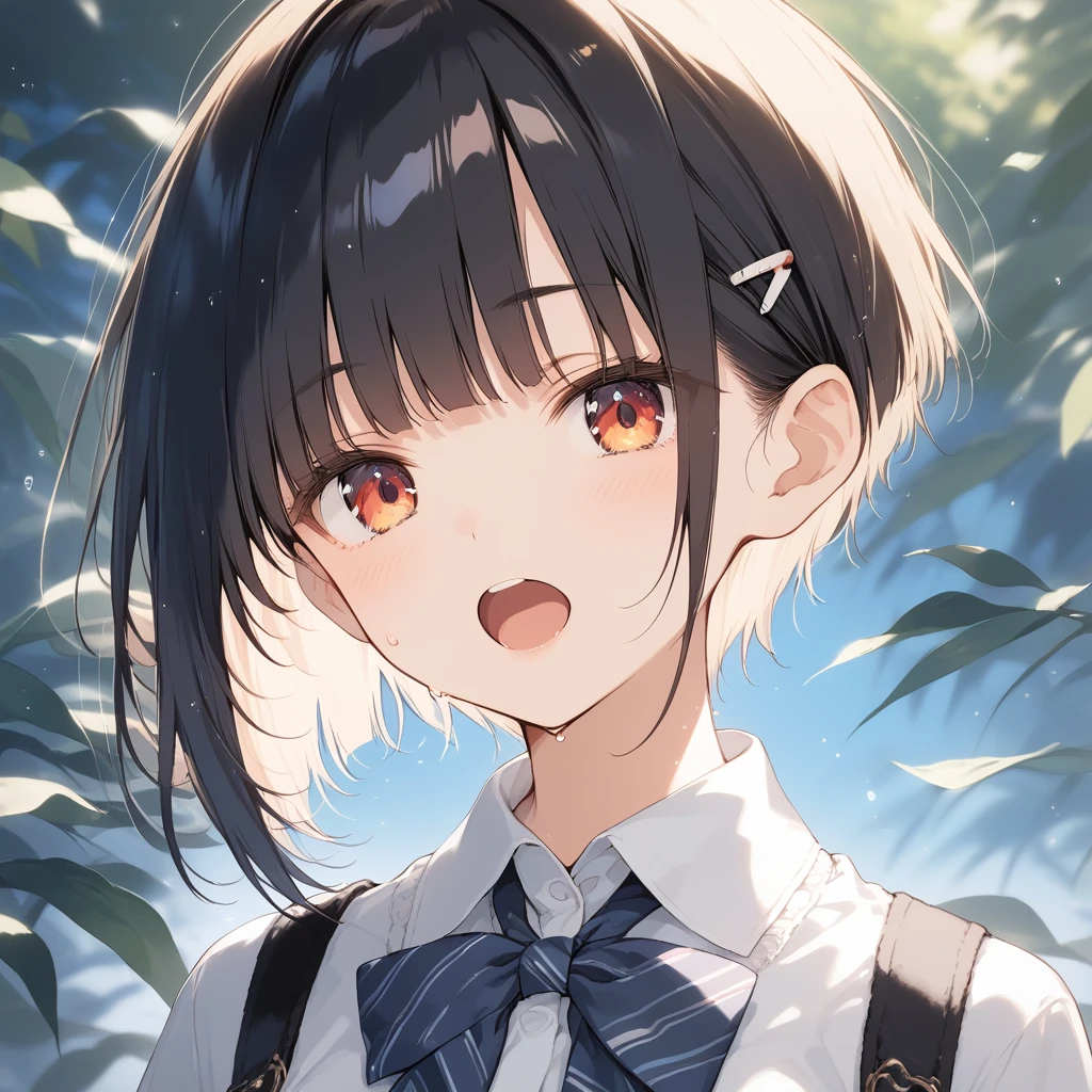 score_9, score_8_up, score_7_up, source_anime, best quality, masterpiece, official art, absurdres, highres, ultra-detailed,waifu2x,Collection: Slice of Life,break,1girl, very short hair, blunt bangs, pixie cut, small breasts, beautiful detailed eyes, collared shirt, pleated skirt, sweat, open mouth, (yawn:0.3), expressionless, outdoors, (Detailed Lighting), (Detailed background),break,(clear line illustration:1.2), super detailed skin,very high resolution, very aesthetic, Best sexual lighting powered by famous artist, 8k, 16k, cute picture,beauty illustration,photoshop_(medium),,(Detailed Lighting),best anime 8k konachan wallpaper, pixiv contest winner, ((artist:takeuchi_takashi )),
