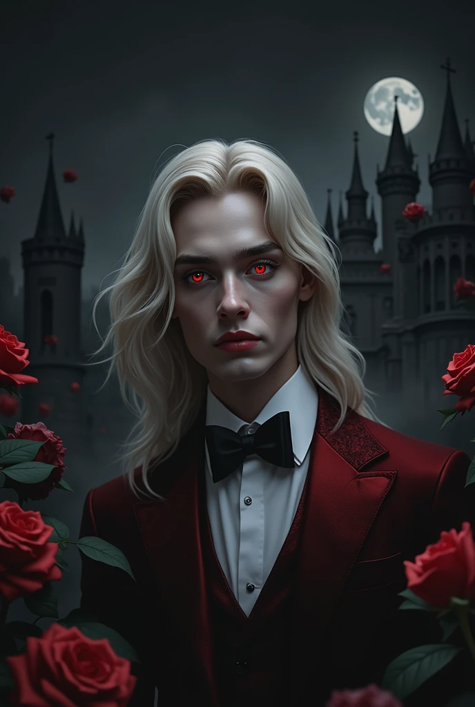 masterpiece, highest quality, (solo focus), (perfect face:1.1), (high detail:1.1), (hyper detailed eyes), dramatic, 1guy, (Pale skin), long blonde hair, (red irises), individual focus, Vampire, long hair, moon, night, Red luxury suit, pouty lips, castle, detailed background, art by artgerm, cinematic lighting, red roses, fashion